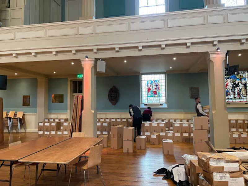 The morning set up of boxes as per flights is being done for London Wine Competition